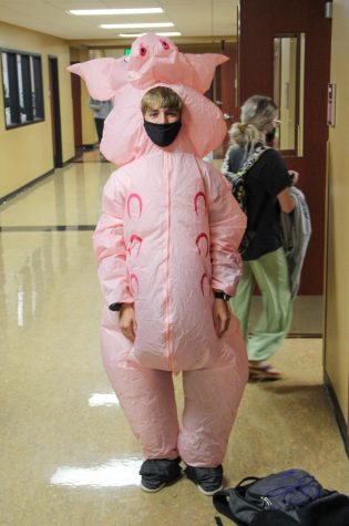 Freshman Logan Dewig received lots of laughs and double takes when he showed up to school as a pig.