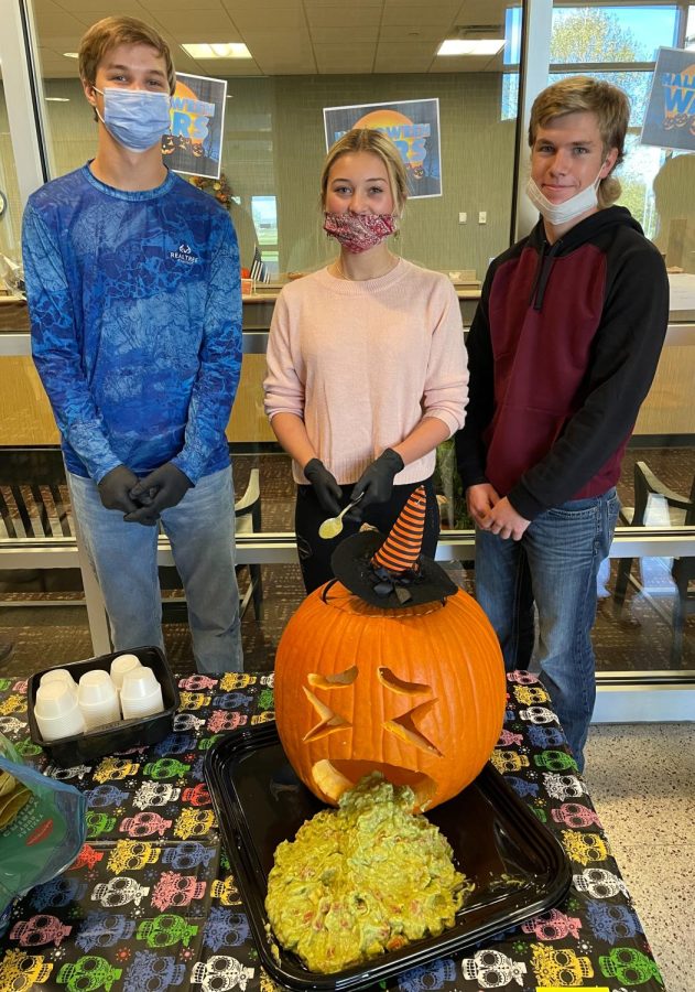 Sophomores Noah Kluesner and Andrew Sagers and freshman Melia Reid had an interesting approach to presenting their guacamole during Halloween Wars.