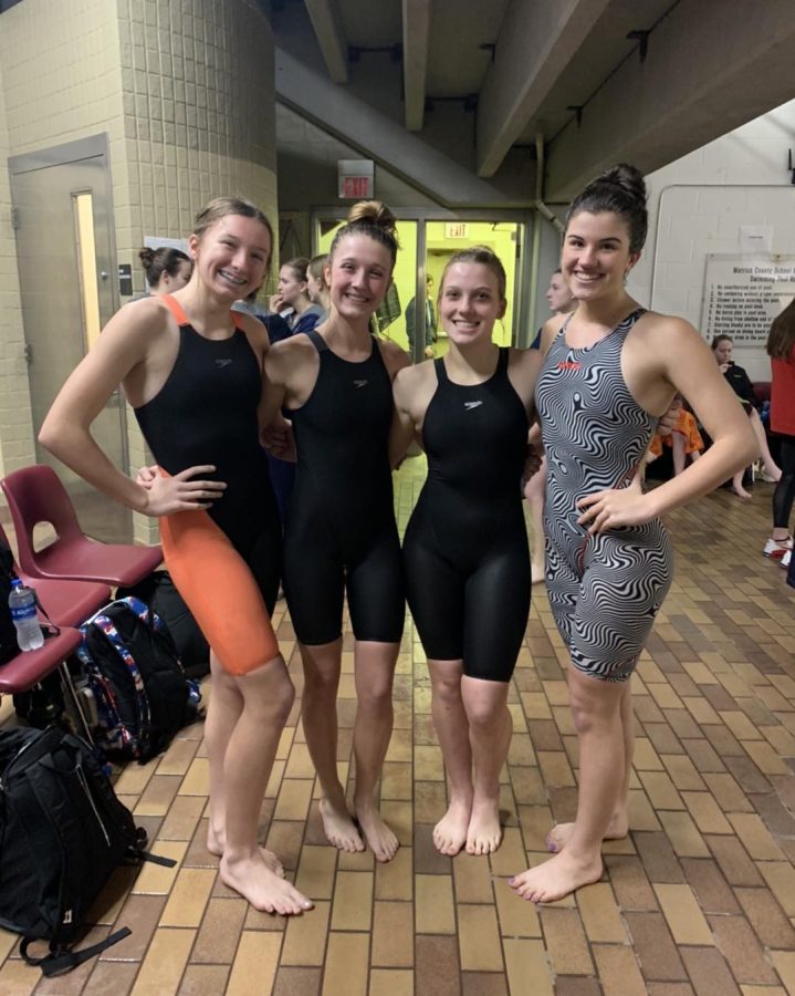 Freshman+Kynlee+Reeves%2C+sophomore+Mavery+Chandler%2C+junior+Laira+Cloin+and+senior+Hailey+Richter+broke+the+13-year-old+school+record+in+the+200+Medley+Relay+at+the+PAC+meet+with+a+time+of+2%3A04.95.+The+previous+record+was+2%3A08.01.