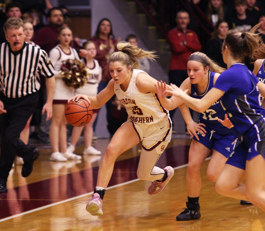 Sophomore Gabby Spink drives down court, waiting for the foul from Memorial.