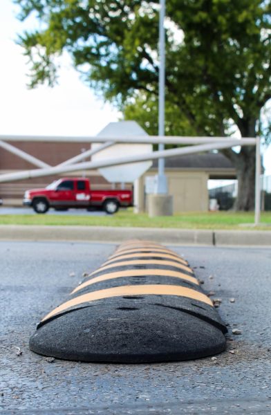 This is just one of the two sets of speed bumps installed in the northwest entrance of the student parking lot.