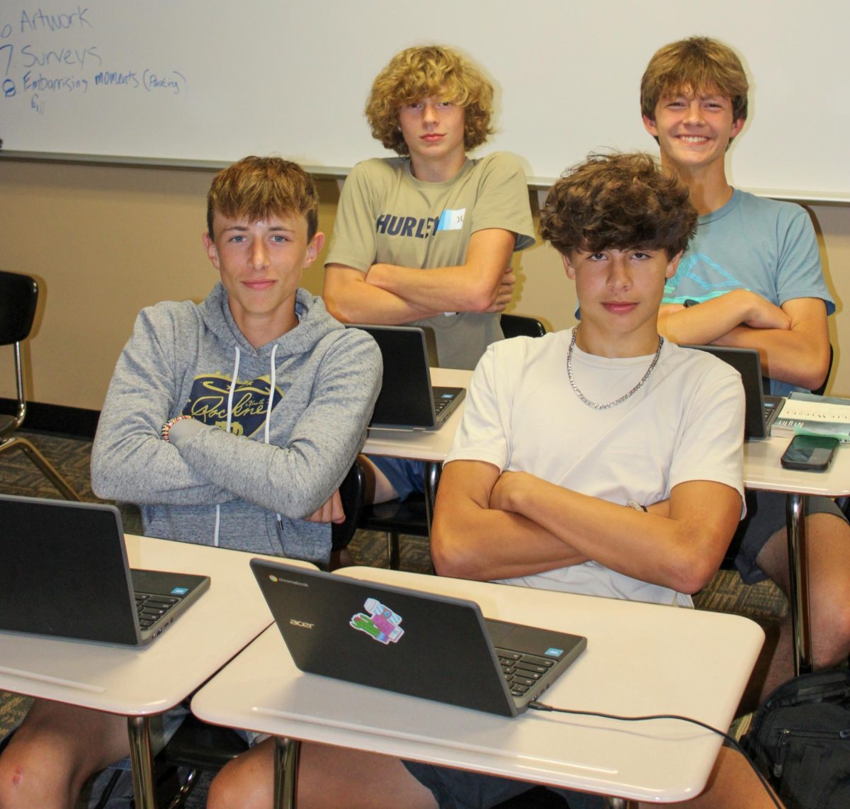Elijah Ortiz and his Honors English 9 posse, freshmen Cooper Wahl, Cooper Townsend and Aidan Alston, keep the class entertained on a daily basis.
