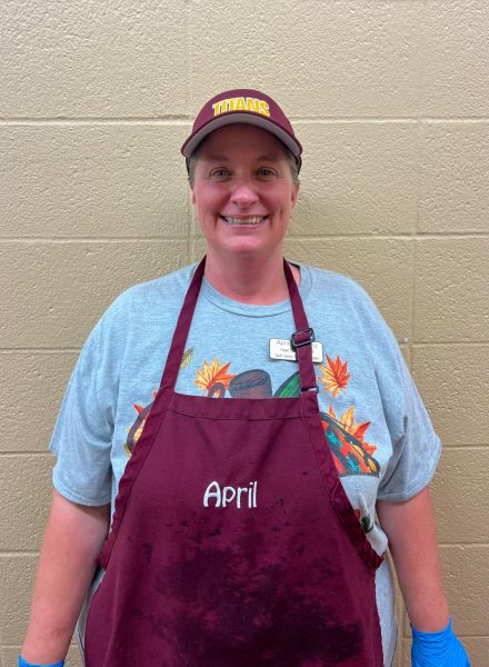 April Maikranz is happy to take charge in the Gibson Southern cafeteria and loves working with her staff of cooks.