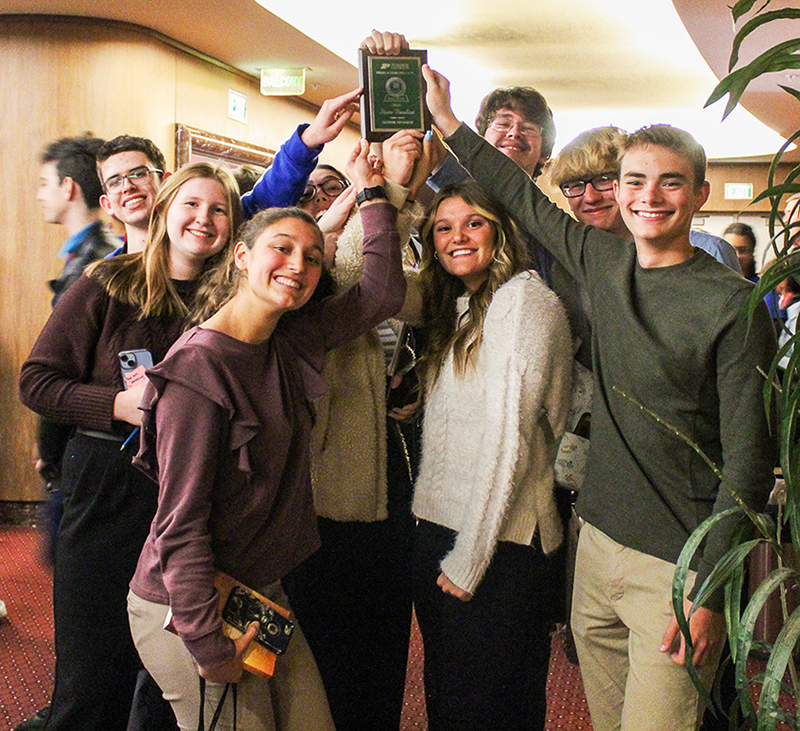 Members of the state finalist spell bowl team celebrate making school history at Purdue University.