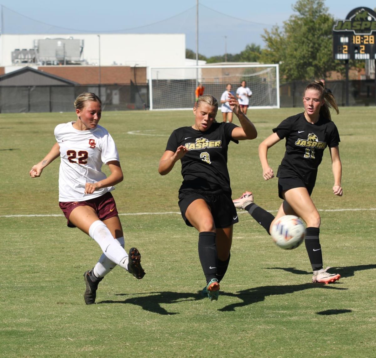 Trailing 2-0, junior Corinne Stevens shoots and scores the first and only goal for the Lady Titans at Jasper High School.