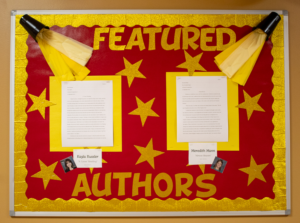 Students and staff can see featured student authors and other English-related items in in the English hallway.
