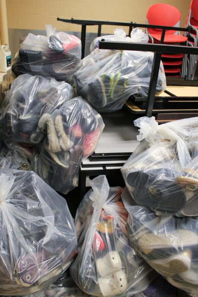 The Student Council collected 996 pairs of shoes for the shoe drive. Co-advisers Jenna Gengenbach and Kara Martin stashed bags of shoes in all sorts of storage areas within Gibson Southern.
