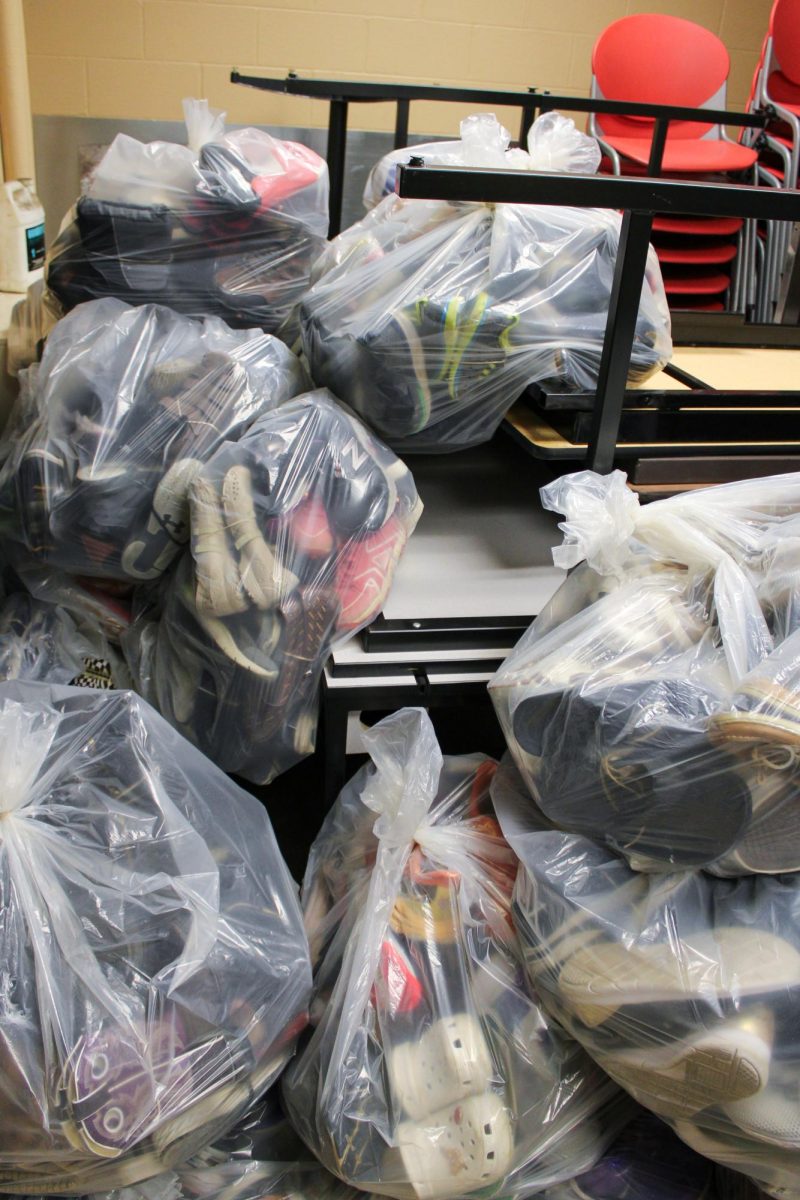The Student Council collected 996 pairs of shoes for the shoe drive. Co-advisers Jenna Gengenbach and Kara Martin stashed bags of shoes in all sorts of storage areas within Gibson Southern.